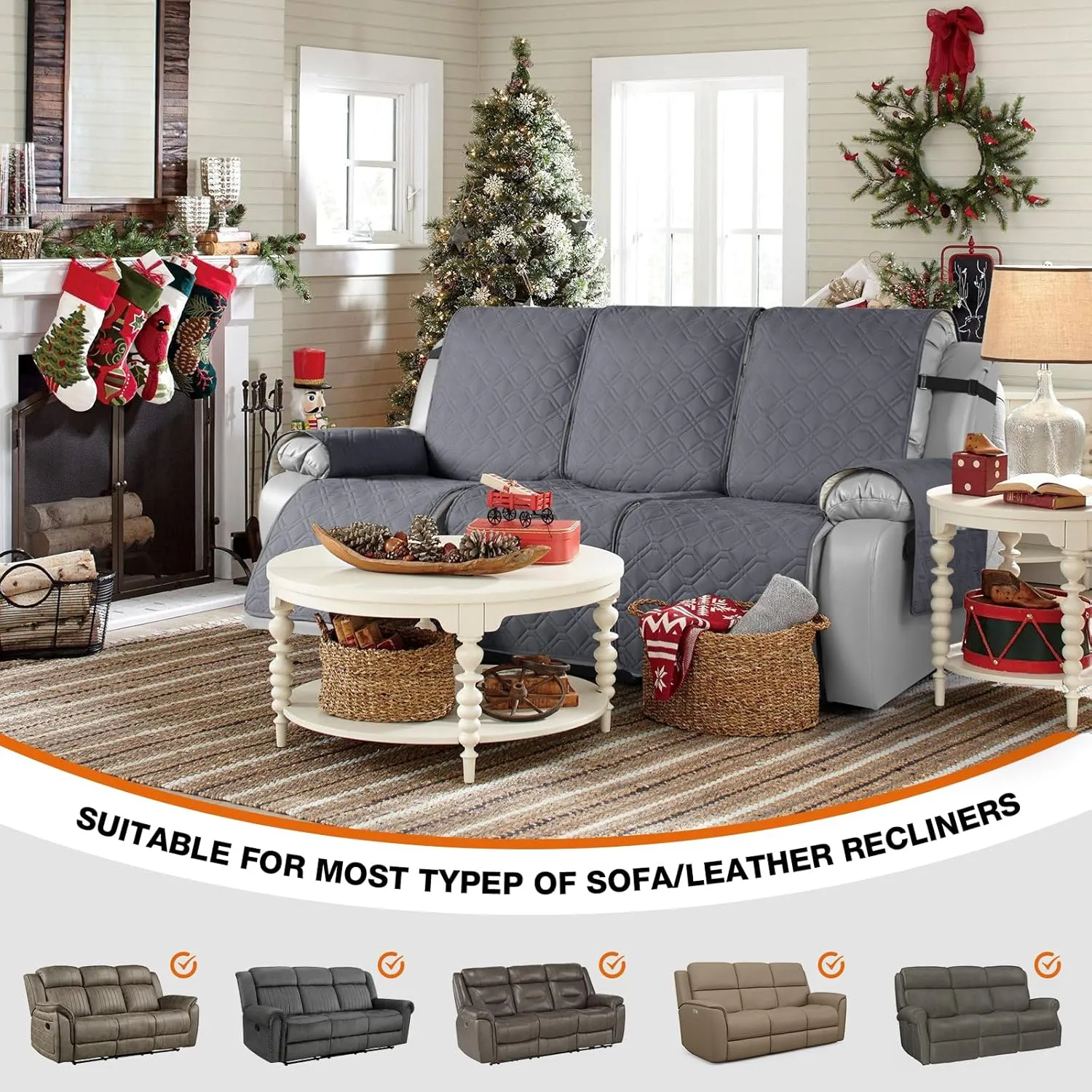 VANSOFY Waterproof Recliner Couch Covers, Sofa Covers 1-Piece Washable Reclining Sofa Cover Non-Slip Furniture Protector with Elastic Straps Pocket for Dogs, Pets(Dark Gray,3 Seater)