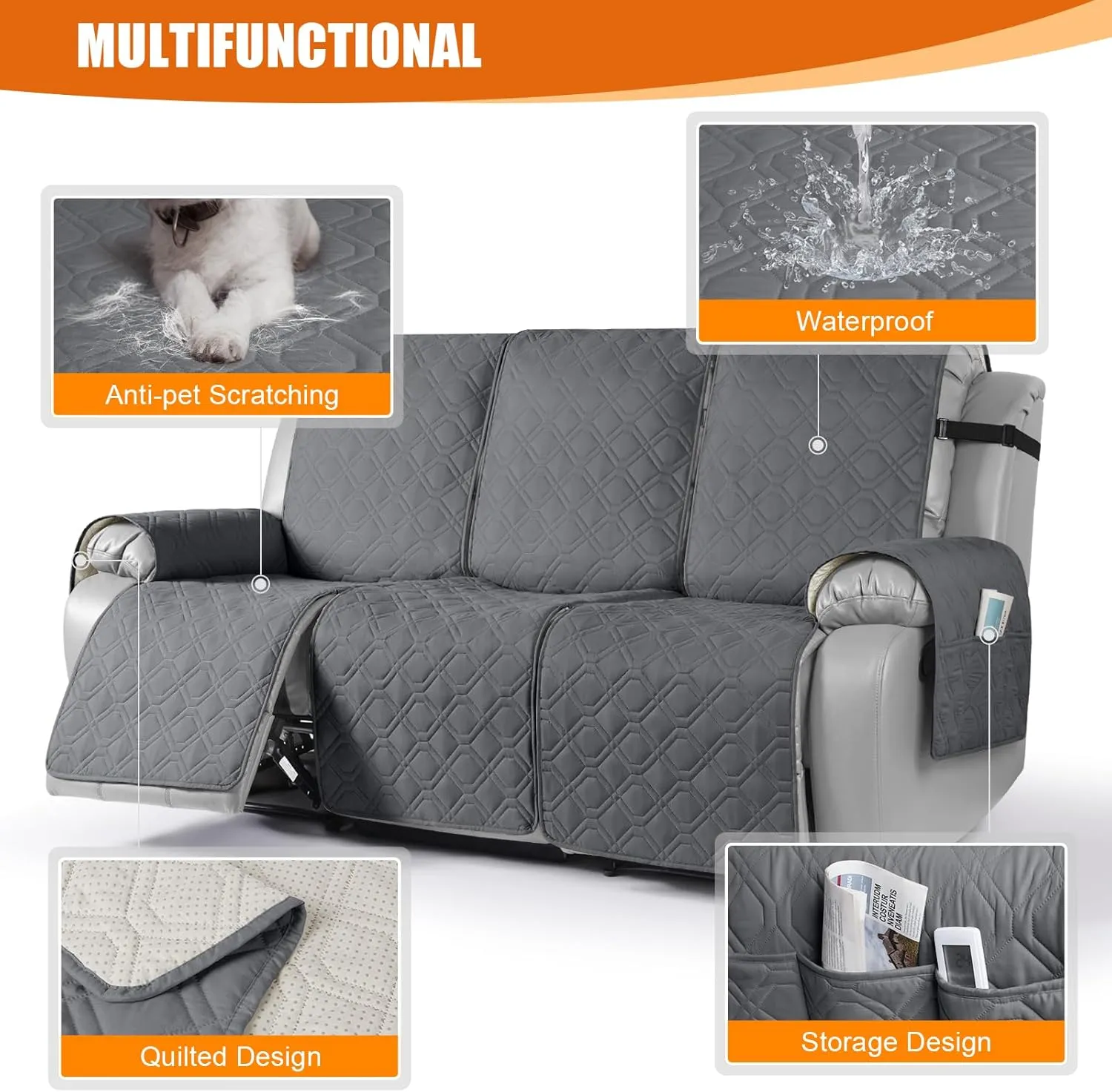 VANSOFY Waterproof Recliner Couch Covers, Sofa Covers 1-Piece Washable Reclining Sofa Cover Non-Slip Furniture Protector with Elastic Straps Pocket for Dogs, Pets(Dark Gray,3 Seater)