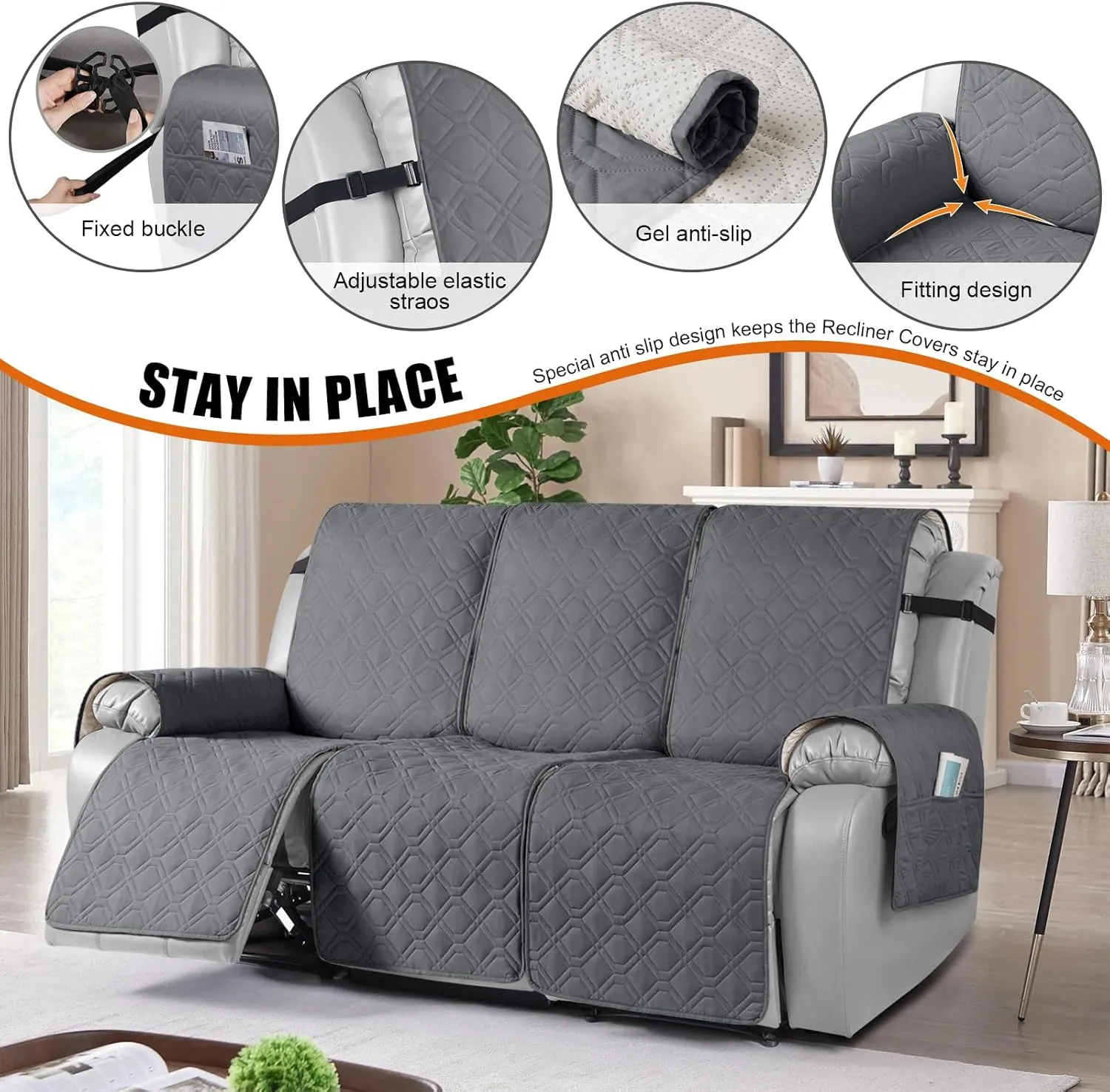 VANSOFY Waterproof Recliner Couch Covers, Sofa Covers 1-Piece Washable Reclining Sofa Cover Non-Slip Furniture Protector with Elastic Straps Pocket for Dogs, Pets(Dark Gray,3 Seater)