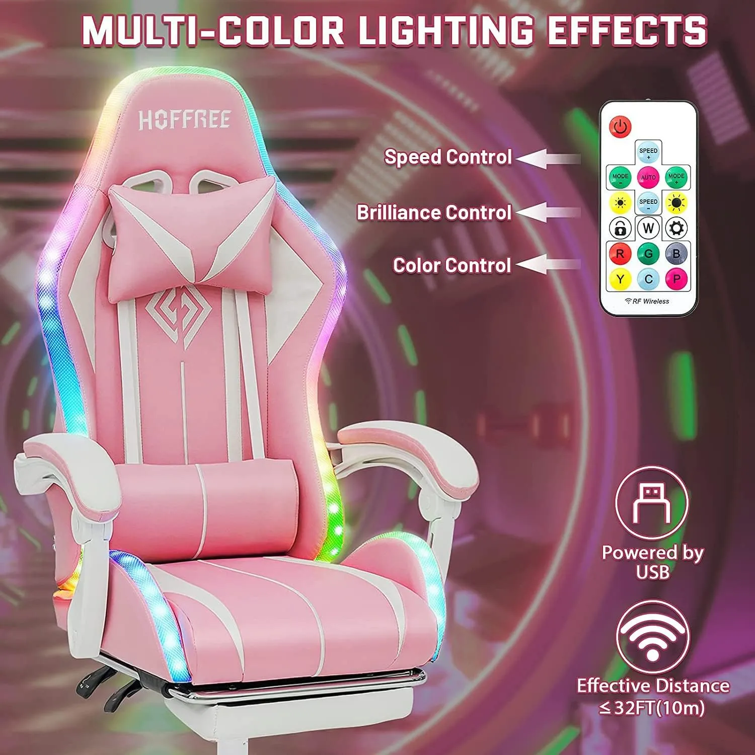 VANSPACE Computer Gaming Chair Pink with Bluetooth Speakers and RGB LED Lights for Girls Massage Chair with Footrest Cute Video Game Chairs High Back with Lumbar Support and Headrest Pink and White