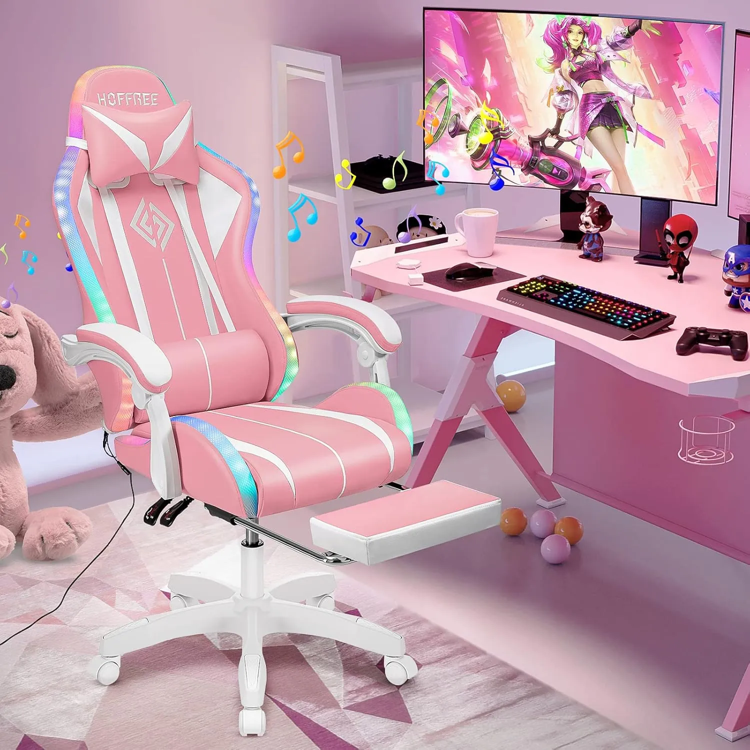 VANSPACE Computer Gaming Chair Pink with Bluetooth Speakers and RGB LED Lights for Girls Massage Chair with Footrest Cute Video Game Chairs High Back with Lumbar Support and Headrest Pink and White