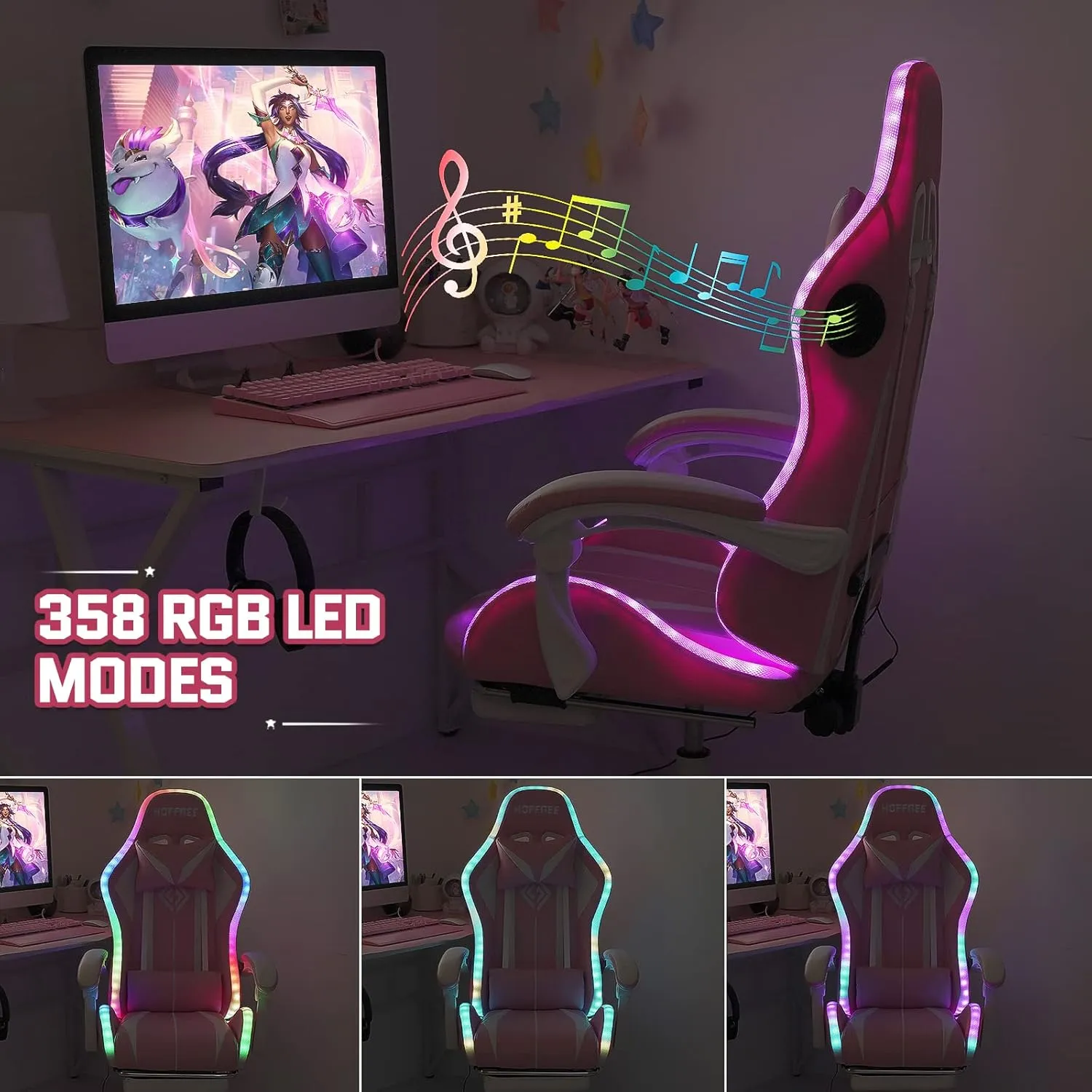 VANSPACE Computer Gaming Chair Pink with Bluetooth Speakers and RGB LED Lights for Girls Massage Chair with Footrest Cute Video Game Chairs High Back with Lumbar Support and Headrest Pink and White