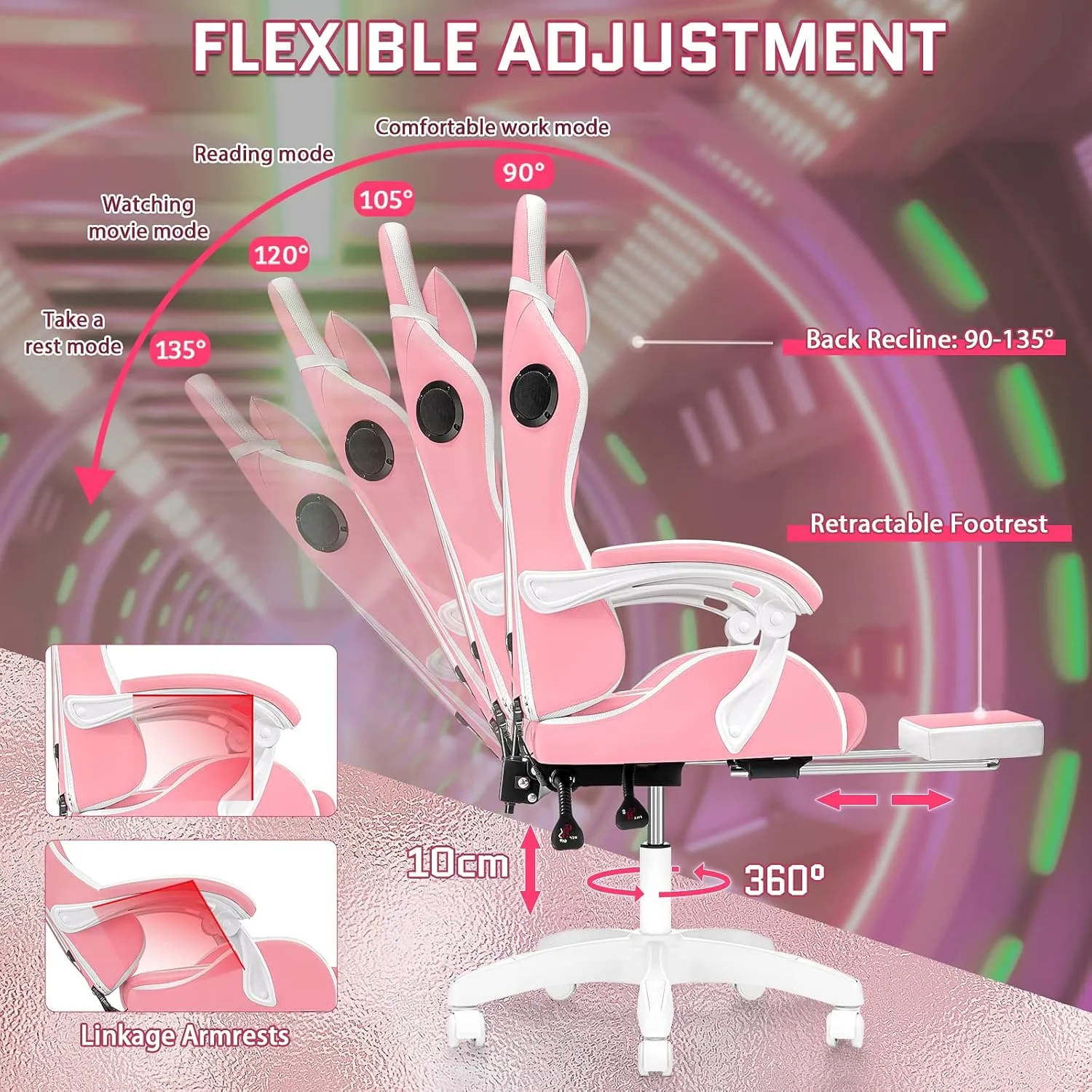 VANSPACE Computer Gaming Chair Pink with Bluetooth Speakers and RGB LED Lights for Girls Massage Chair with Footrest Cute Video Game Chairs High Back with Lumbar Support and Headrest Pink and White