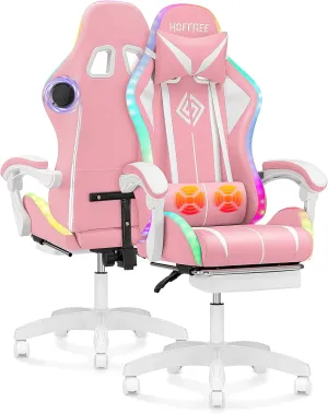 VANSPACE Computer Gaming Chair Pink with Bluetooth Speakers and RGB LED Lights for Girls Massage Chair with Footrest Cute Video Game Chairs High Back with Lumbar Support and Headrest Pink and White