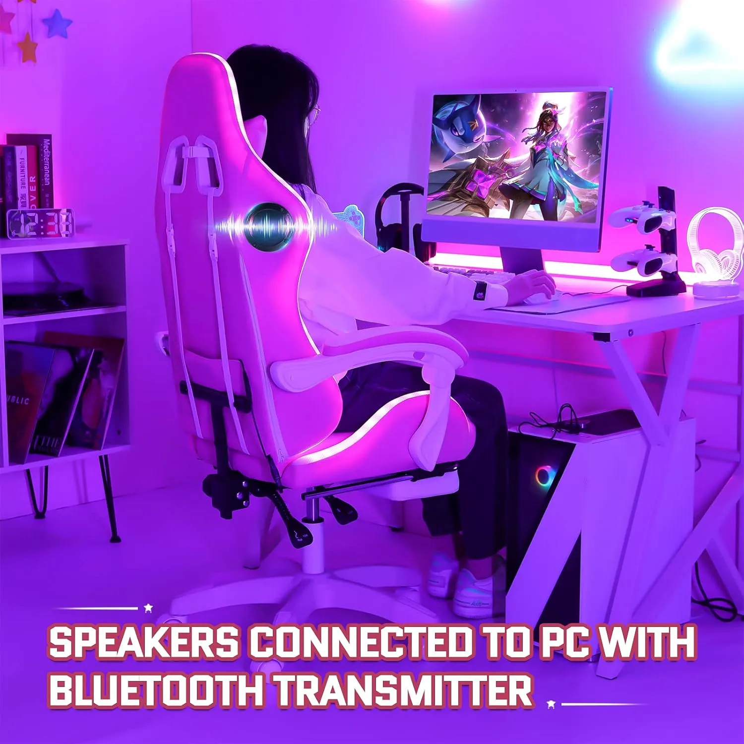 VANSPACE Computer Gaming Chair Pink with Bluetooth Speakers and RGB LED Lights for Girls Massage Chair with Footrest Cute Video Game Chairs High Back with Lumbar Support and Headrest Pink and White