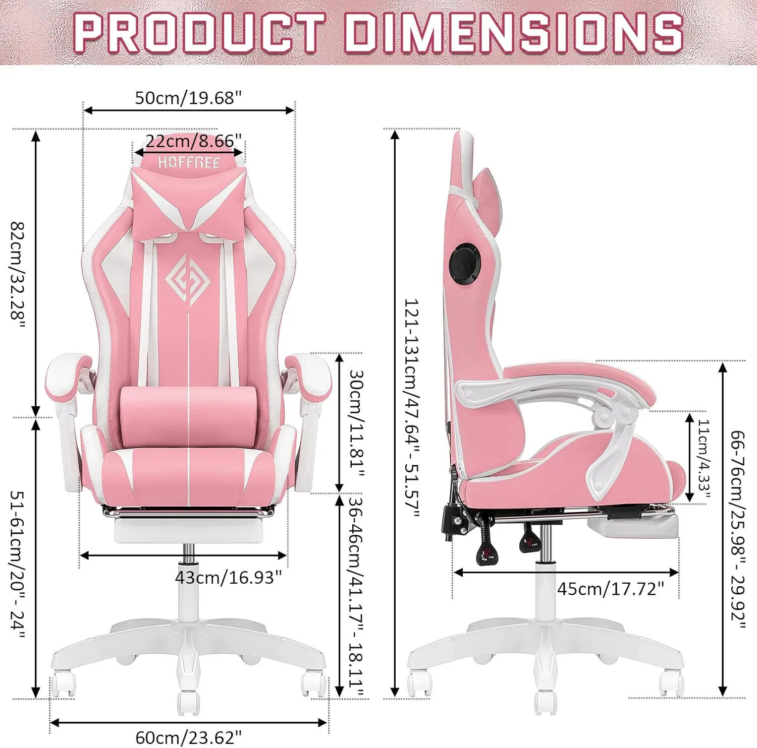 VANSPACE Computer Gaming Chair Pink with Bluetooth Speakers and RGB LED Lights for Girls Massage Chair with Footrest Cute Video Game Chairs High Back with Lumbar Support and Headrest Pink and White