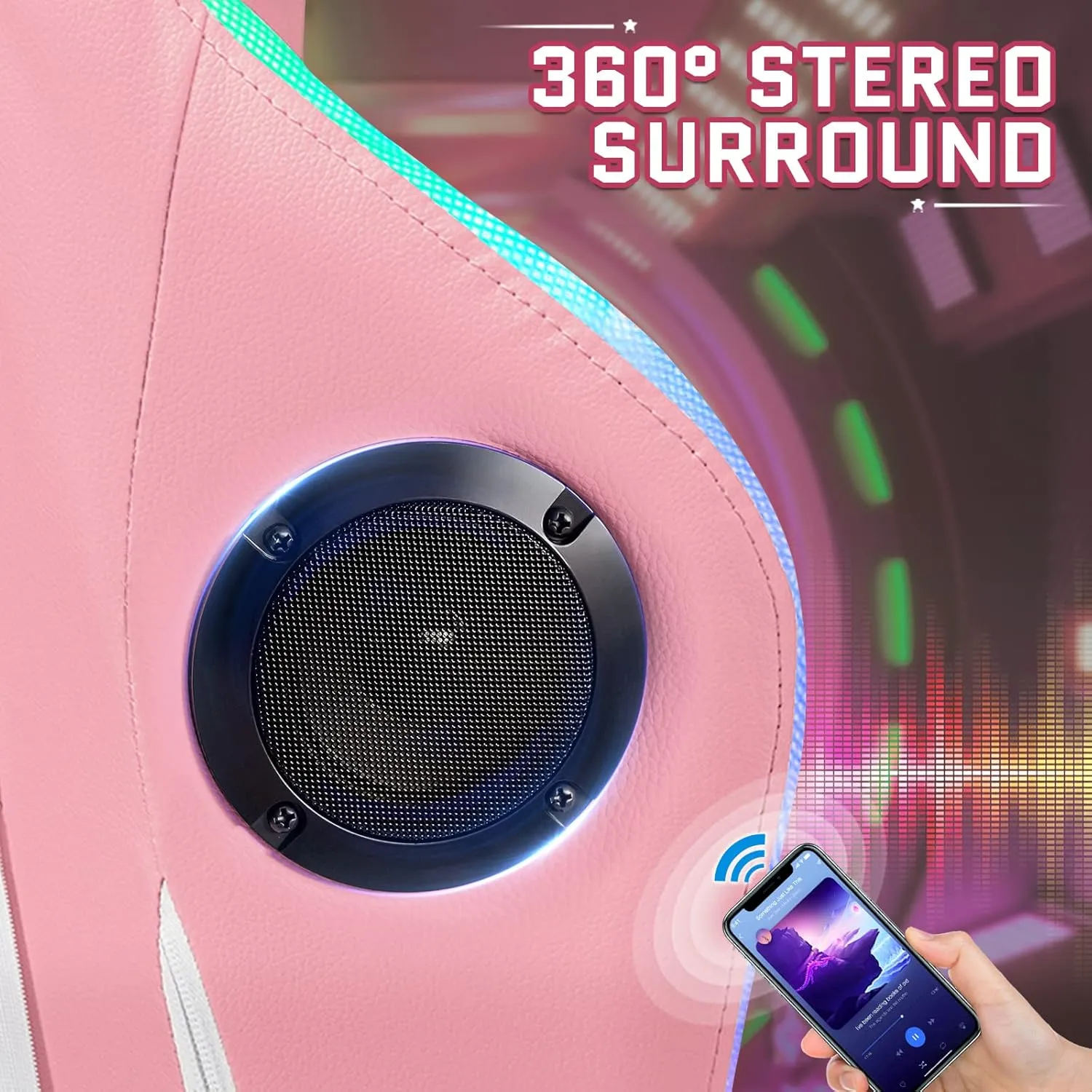 VANSPACE Computer Gaming Chair Pink with Bluetooth Speakers and RGB LED Lights for Girls Massage Chair with Footrest Cute Video Game Chairs High Back with Lumbar Support and Headrest Pink and White