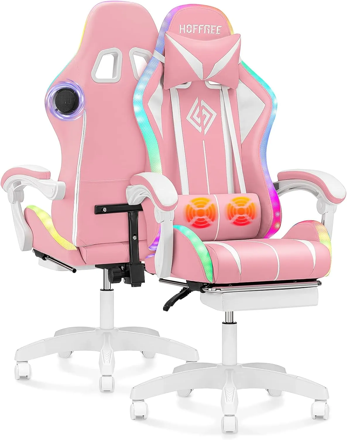 VANSPACE Computer Gaming Chair Pink with Bluetooth Speakers and RGB LED Lights for Girls Massage Chair with Footrest Cute Video Game Chairs High Back with Lumbar Support and Headrest Pink and White