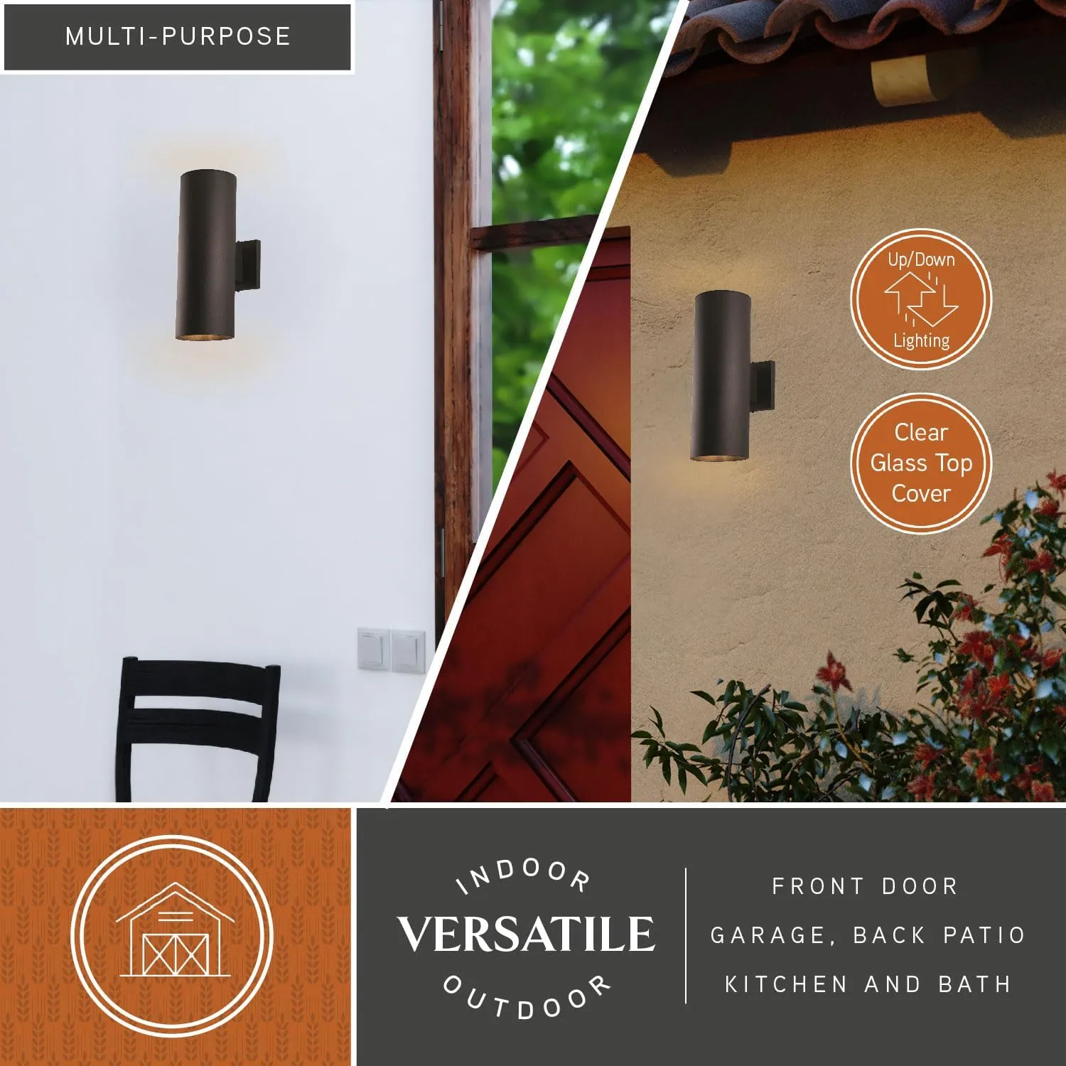 VAXCEL Chiasso Modern Outdoor Porch Light, 5" W x 14.25" H 2-Light Black Cylinder Wall Sconce, Waterproof Up and Down Wall Light for Porch, Patio, Deck, or Front Door