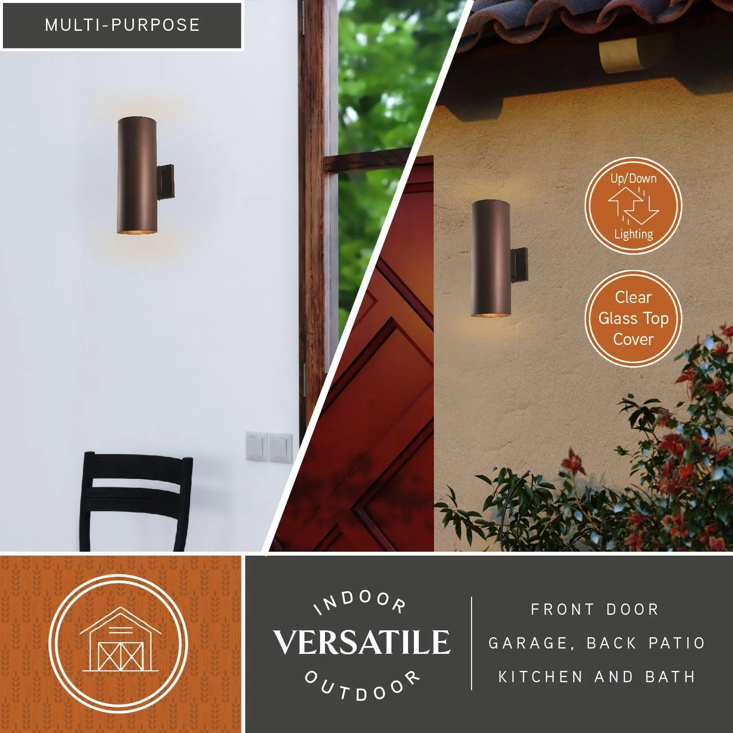 VAXCEL Chiasso Modern Outdoor Porch Light, 5" W x 14.25" H 2-Light Bronze Cylinder Wall Sconce, Waterproof Up and Down Wall Light for Porch, Patio, Deck, or Front Door