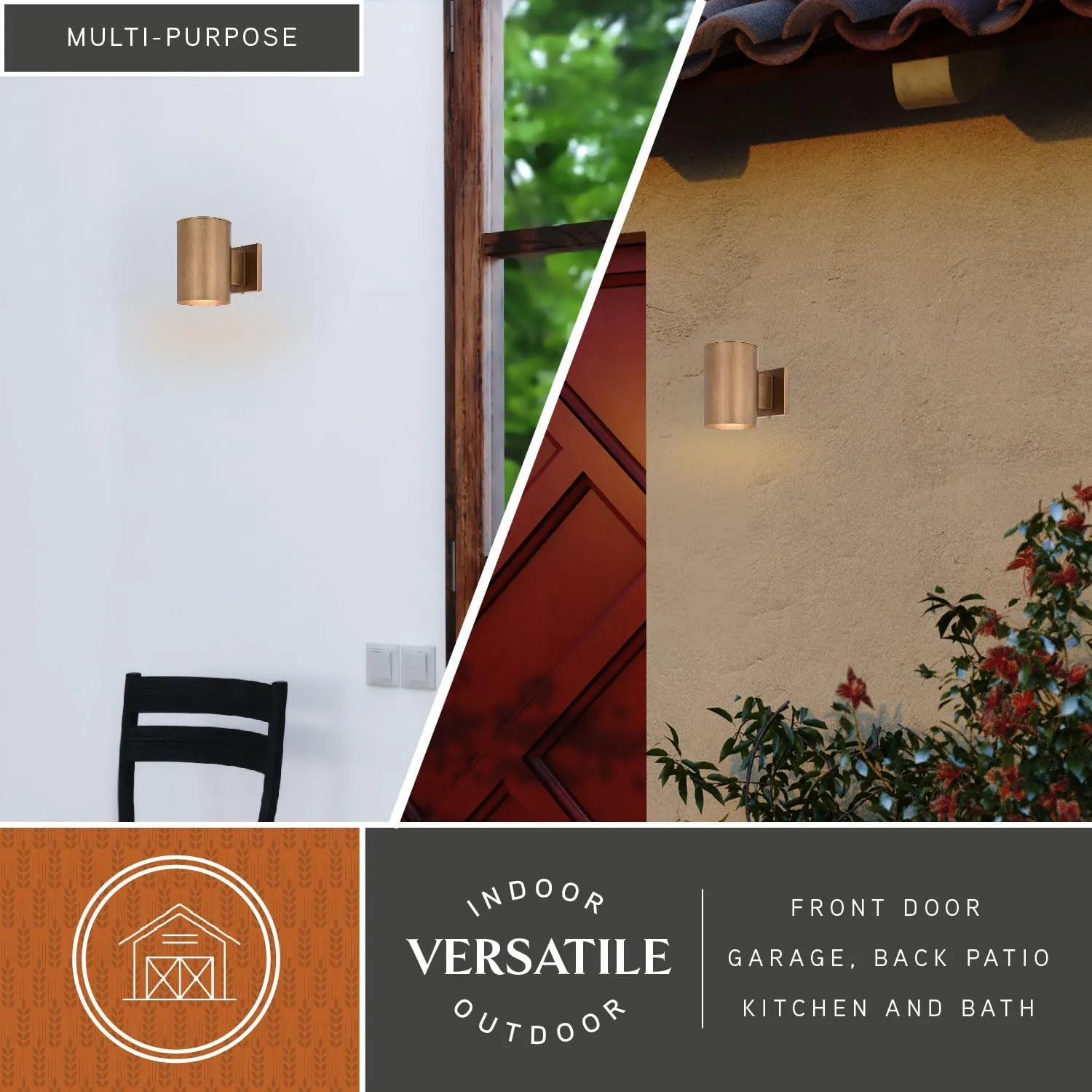 VAXCEL Chiasso Modern Outdoor Porch Light, 5" W x 7.25" H Gold Brass Cylinder Wall Sconce, Waterproof Dark Sky Wall Light for Porch, Patio, Deck, or Front Door