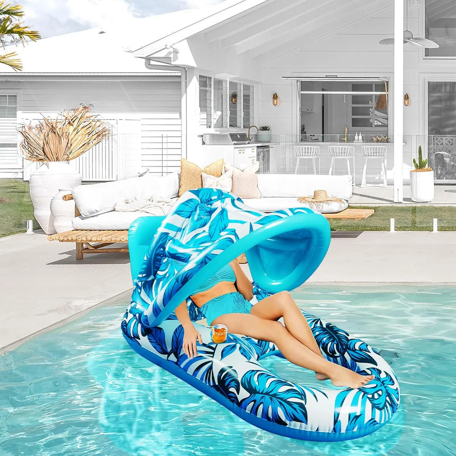 VAZZIC New Water Reclining Chair Thickened PVC Inflatable Floating Rows with Sunshade Inflatable Reclining Chair Hanging Bed Adult Water Amusement