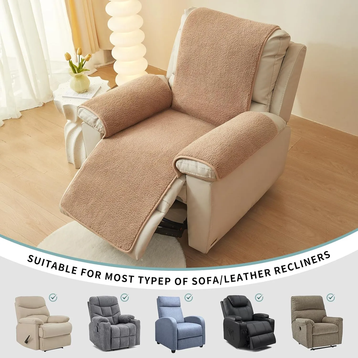 vctops Sherpa Fleece Recliner Chair Cover Super Soft Warm Plush Sofa Slipcover Furniture Protector Non Slip Washable Reclining Chair Cover for Kids, Pets (Camel,30"x91")