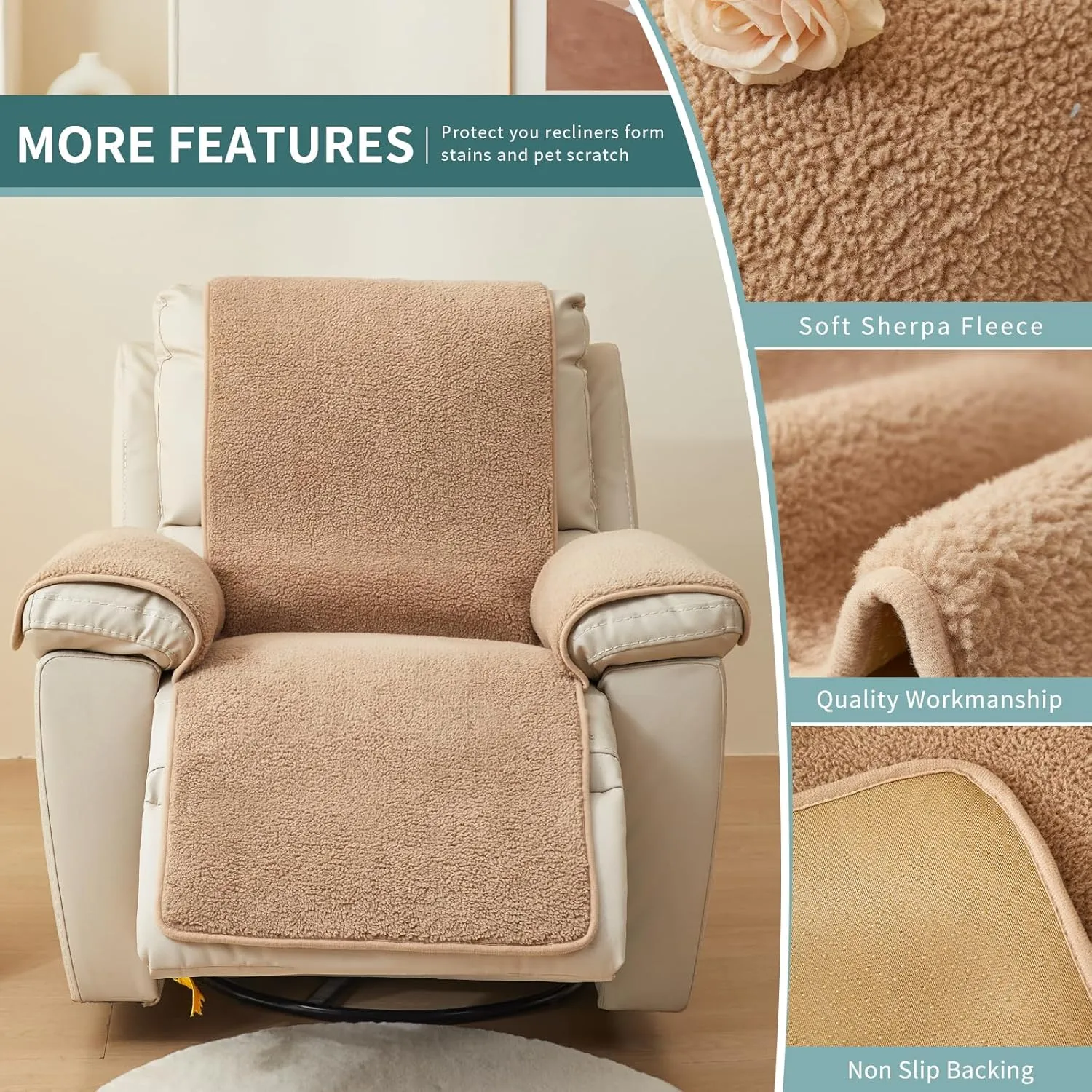 vctops Sherpa Fleece Recliner Chair Cover Super Soft Warm Plush Sofa Slipcover Furniture Protector Non Slip Washable Reclining Chair Cover for Kids, Pets (Camel,30"x91")