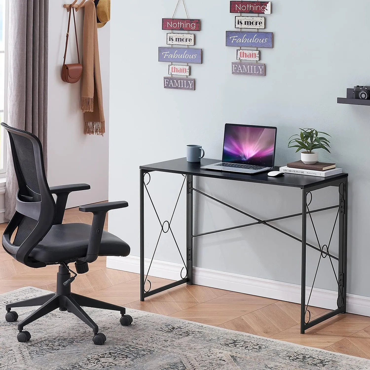 VECELO Folding Computer Desk 39.4'', Simple Laptop Table Home Office Workstation for Reading Writing, No Assembly Needed, Small Space, Black