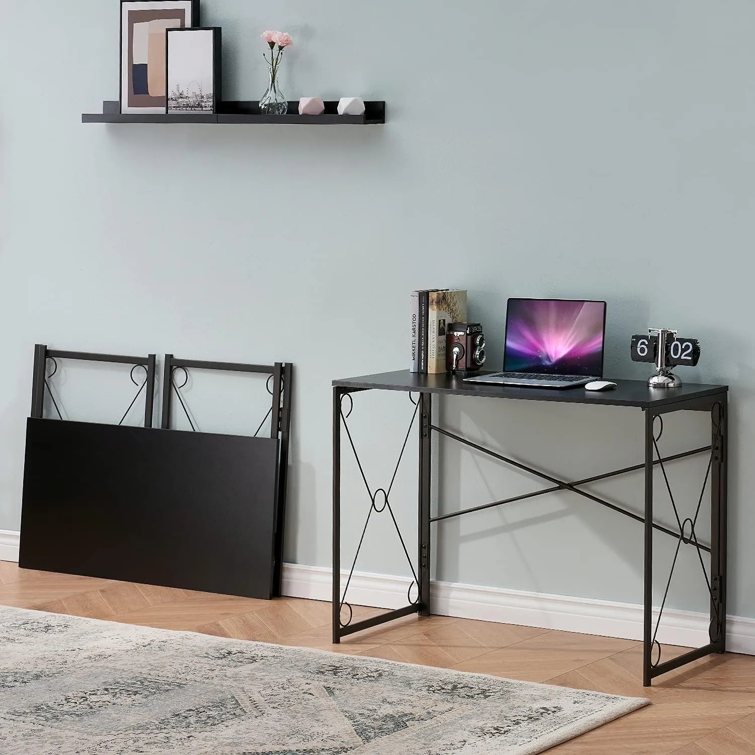 VECELO Folding Computer Desk 39.4'', Simple Laptop Table Home Office Workstation for Reading Writing, No Assembly Needed, Small Space, Black