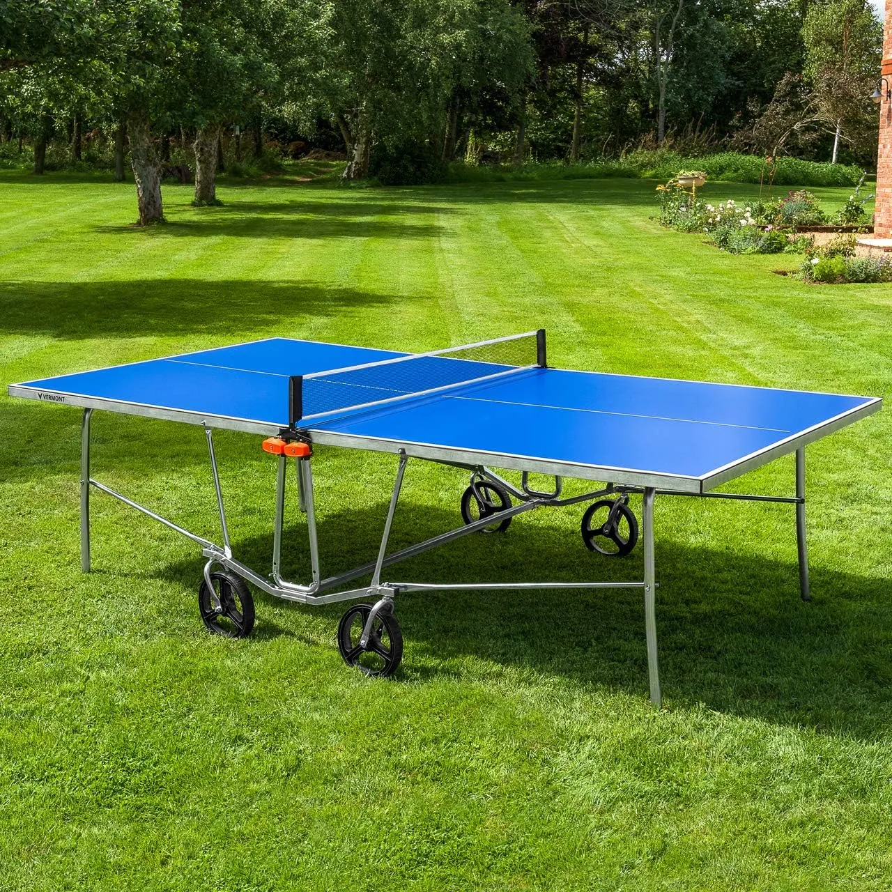 Vermont TS100 Outdoor Table Tennis Table | Portable Regulation-Size Ping Pong Table with Steel Frame & 360° Wheels | Optional Bat & Ball Sets for All Skill Levels