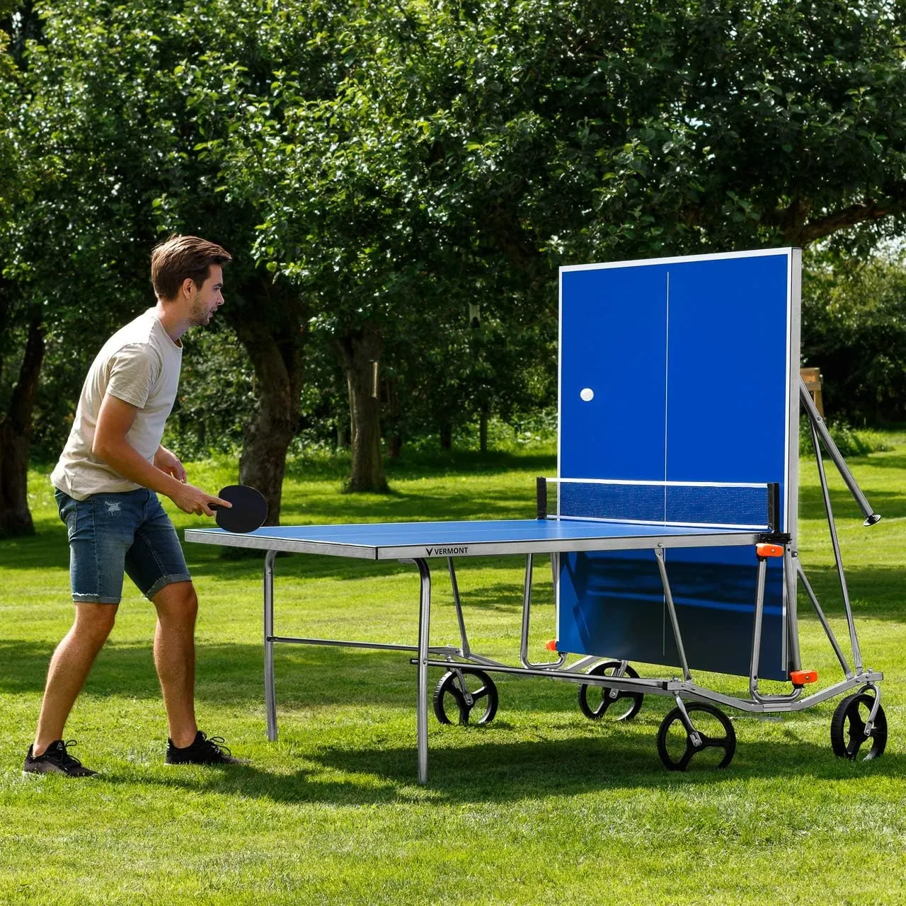 Vermont TS100 Outdoor Table Tennis Table | Portable Regulation-Size Ping Pong Table with Steel Frame & 360° Wheels | Optional Bat & Ball Sets for All Skill Levels