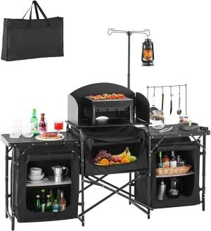 VEVOR Camping Kitchen Table, Outdoor Camp Cooking Table, Aluminum Portable Cook Station with 3 Storage Cupboard, Carrying Bag, Detachable Windscreen, Quick Set-up for BBQ Party Picnic RV Travel, Black