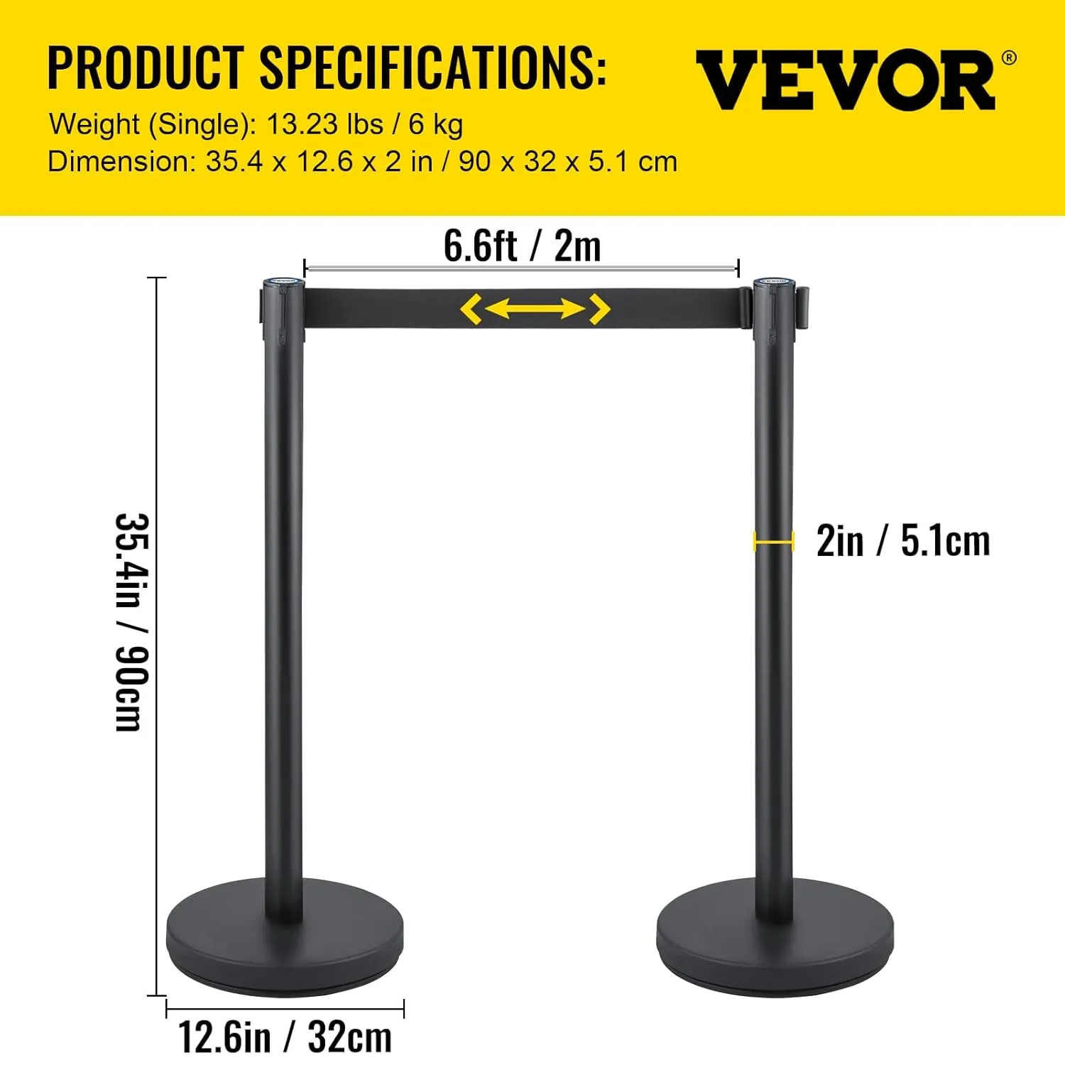 VEVOR Crowd Control Stanchion Set, Stanchion Set with 6.6 ft/2 m Black Retractable Belt, Black Crowd Control Barrier w/Concrete and Solid Metal Base - Easy Connect Assembly (6)