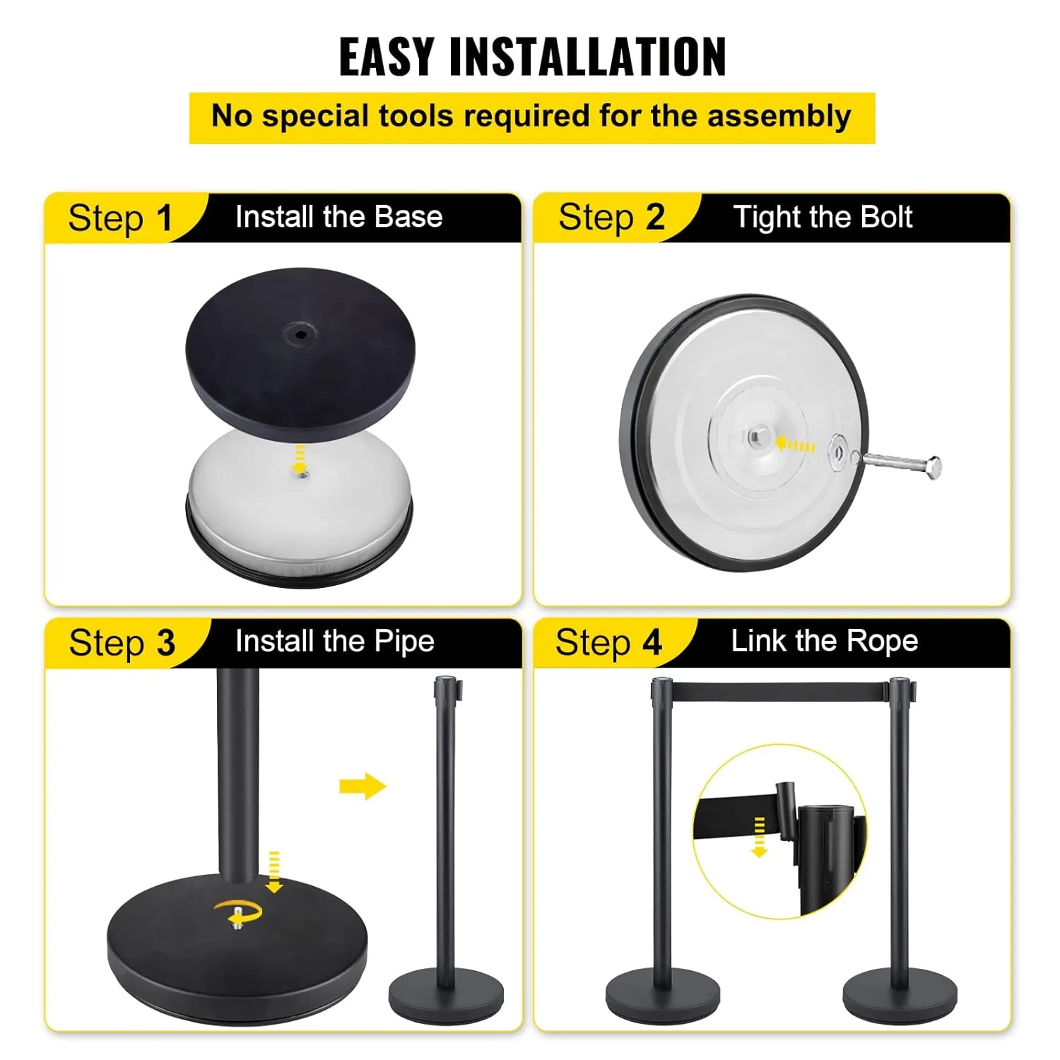 VEVOR Crowd Control Stanchion Set, Stanchion Set with 6.6 ft/2 m Black Retractable Belt, Black Crowd Control Barrier w/Concrete and Solid Metal Base - Easy Connect Assembly (6)