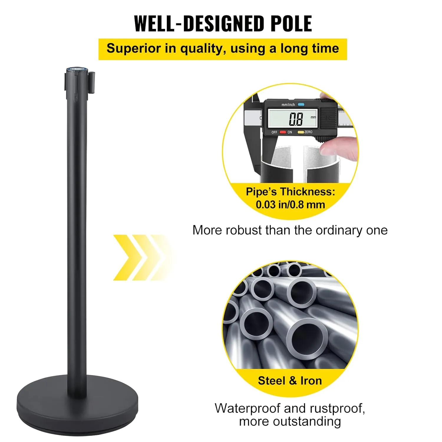 VEVOR Crowd Control Stanchion Set, Stanchion Set with 6.6 ft/2 m Black Retractable Belt, Black Crowd Control Barrier w/Concrete and Solid Metal Base - Easy Connect Assembly (6)