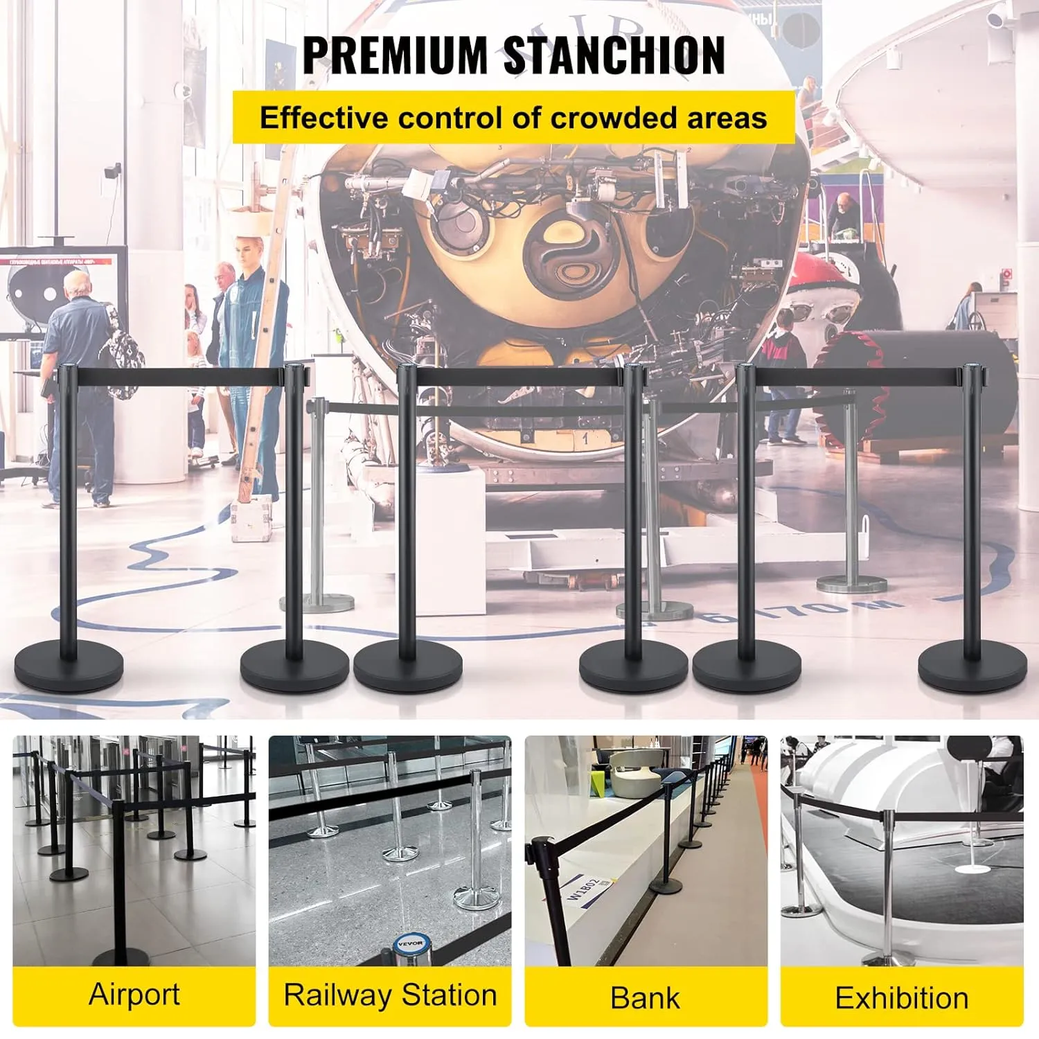 VEVOR Crowd Control Stanchion Set, Stanchion Set with 6.6 ft/2 m Black Retractable Belt, Black Crowd Control Barrier w/Concrete and Solid Metal Base - Easy Connect Assembly (6)