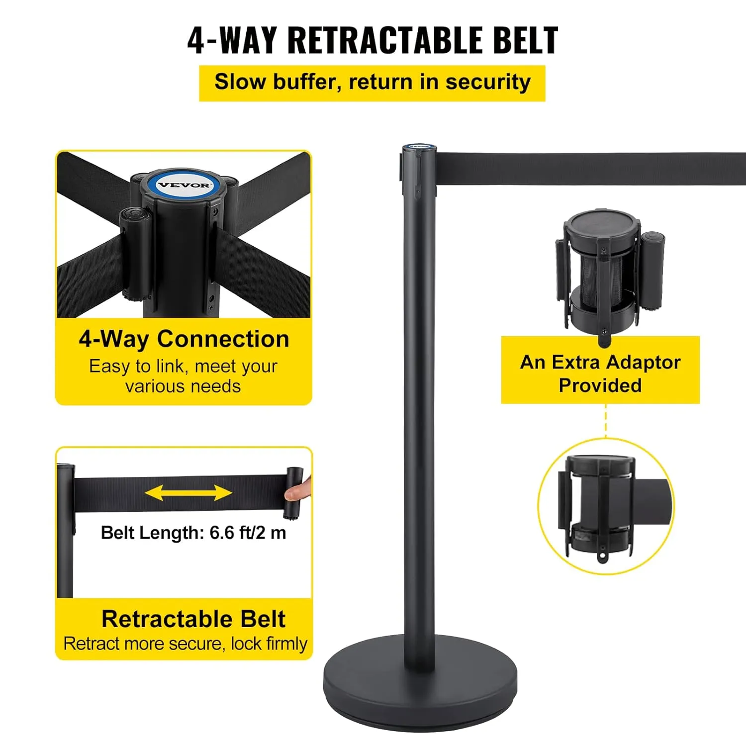 VEVOR Crowd Control Stanchion Set, Stanchion Set with 6.6 ft/2 m Black Retractable Belt, Black Crowd Control Barrier w/Concrete and Solid Metal Base - Easy Connect Assembly (6)