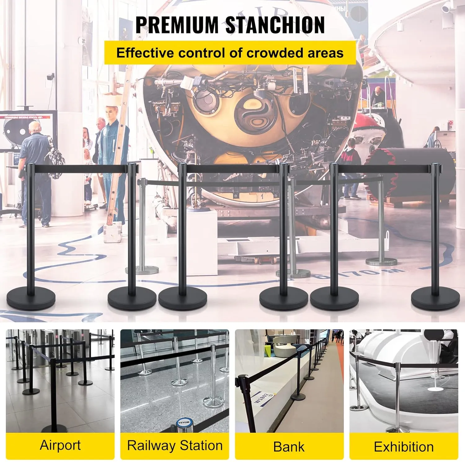 VEVOR Crowd Control Stanchion Set, Stanchion Set with 6.6 ft/2 m Black Retractable Belt, Black Crowd Control Barrier w/Concrete and Solid Metal Base - Easy Connect Assembly (6)