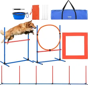 VEVOR Dog Agility Training Equipment, Dog Agility Course Backyard Set with Adjustable High Hurdles,Weave Poles,Jump Ring,Square Pause Box,Whistle,Foldable Bowl, Obstacle Course Kit with Storage Bag