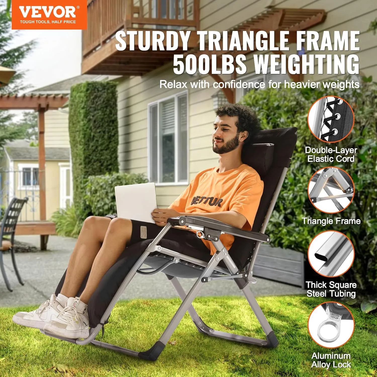 VEVOR Zero Gravity Chair, 26 inch Zero Gravity Recliner Lounge Chair for Indoor and Outdoor, Adjustable Anti Gravity Chair with Cushion, Headrest, Footrest, and Cupholder, 500 lbs, Black