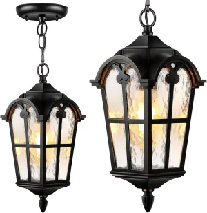 VIANIS Black Outdoor Pendant Light Lantern, Outdoor Hanging Lights with Water Ripple Glass, 100% Aluminum Outside Chandelier for Porch Waterproof and Anti-Rust, Ceiling Fixtures for House Entryway