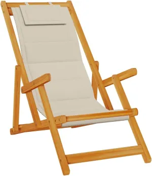 vidaXL Folding Beach Chair with Adjustable Armrests Solid Acacia Wood Frame Taupe Textilene Fabric Portable Outdoor Recliner for Garden Camping Lounge Wooden Seat Lounger Armrest