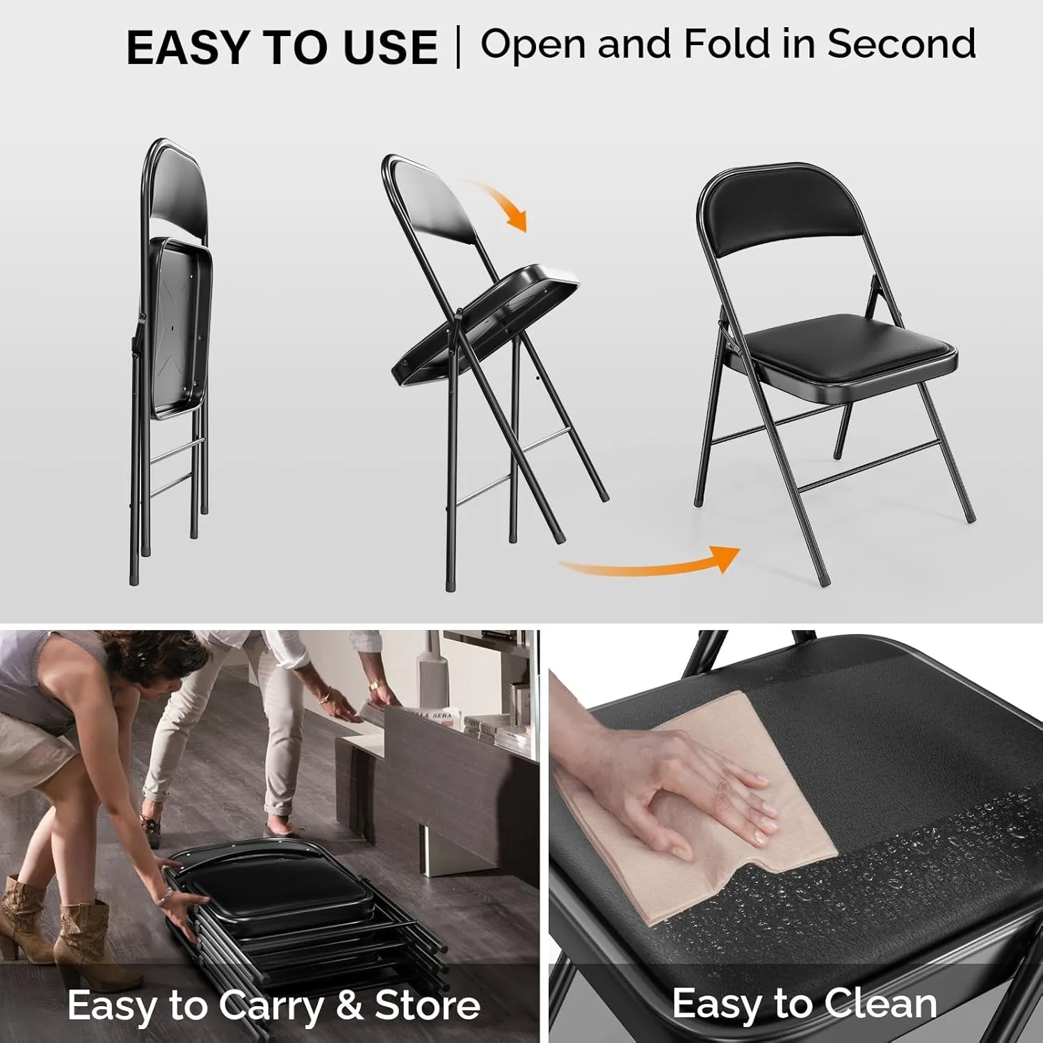 VINGLI 10 Pack Folding Chairs with Padded Seats, Metal Frame with Pu Leather Seat & Back, Capacity 350 lbs, Black