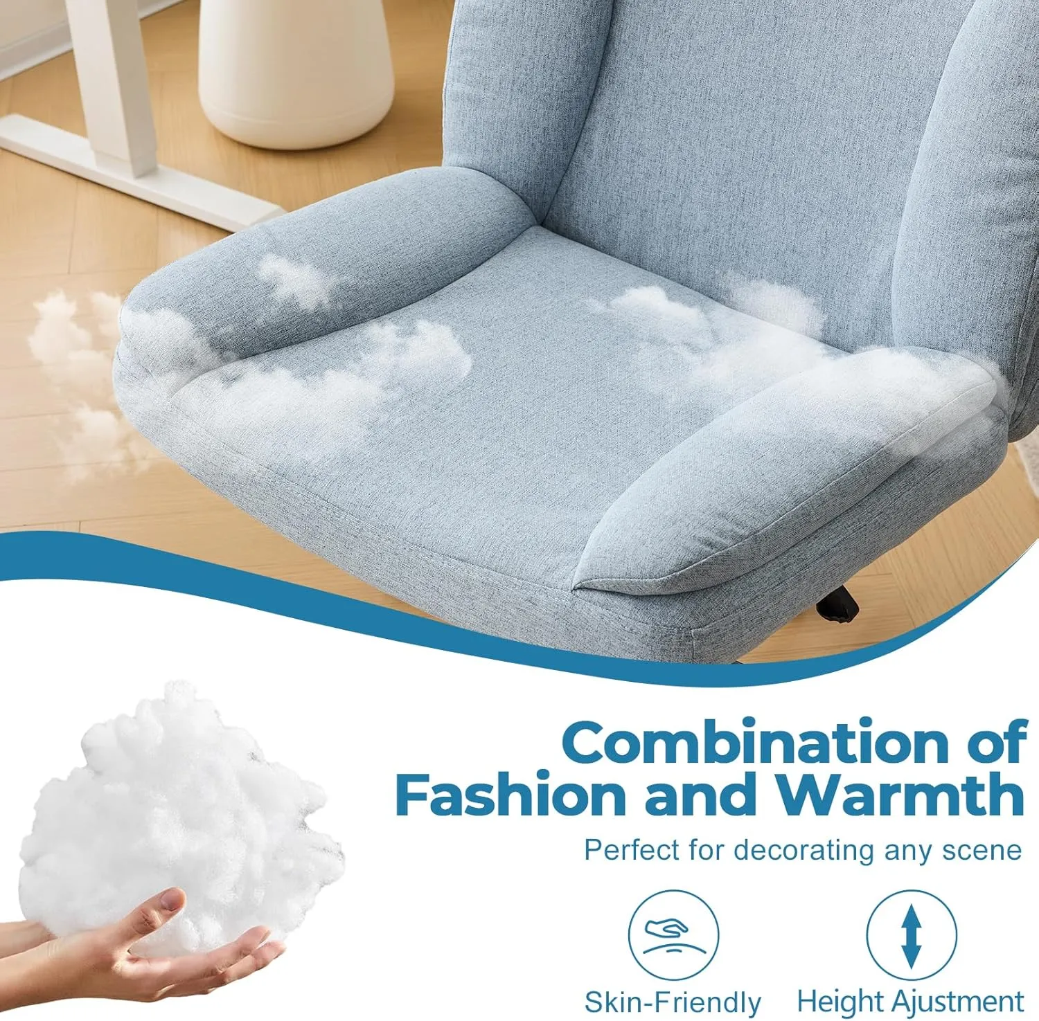 VINGLI Criss Cross Thick Padded Armless Comfy Desk Chair with Dual-Purpose Base,Adjustable Swivel Modern Vanity Chair,Rolling for Home Office, Computer,Task,Makeup,Linen Fabric,Cerulean Mist Blue