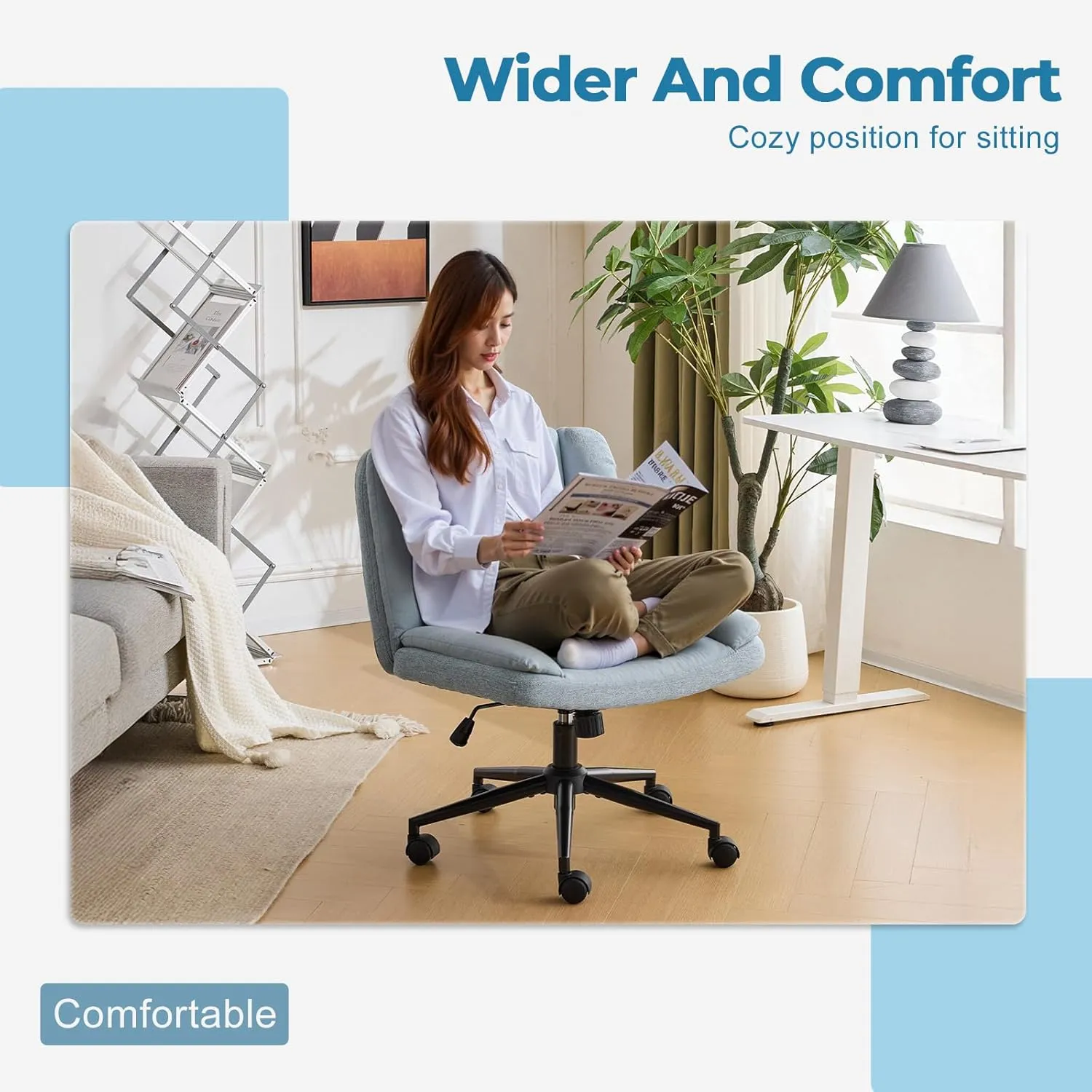 VINGLI Criss Cross Thick Padded Armless Comfy Desk Chair with Dual-Purpose Base,Adjustable Swivel Modern Vanity Chair,Rolling for Home Office, Computer,Task,Makeup,Linen Fabric,Cerulean Mist Blue