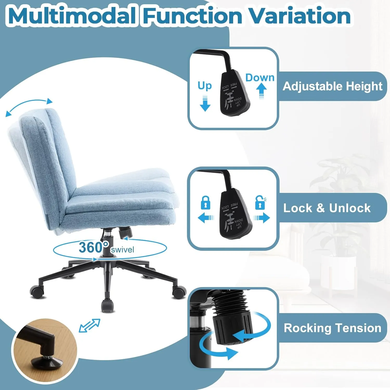 VINGLI Criss Cross Thick Padded Armless Comfy Desk Chair with Dual-Purpose Base,Adjustable Swivel Modern Vanity Chair,Rolling for Home Office, Computer,Task,Makeup,Linen Fabric,Cerulean Mist Blue