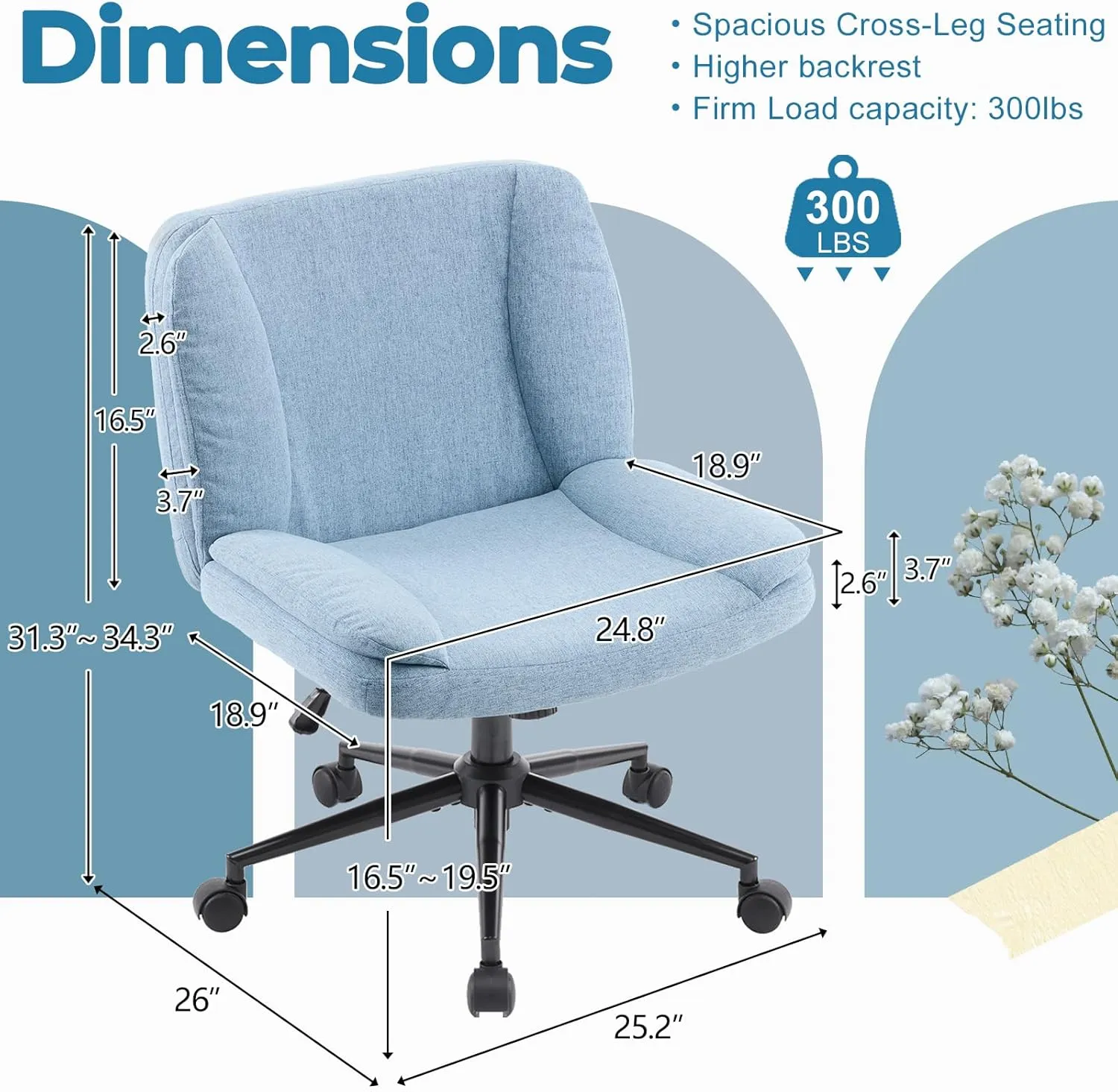 VINGLI Criss Cross Thick Padded Armless Comfy Desk Chair with Dual-Purpose Base,Adjustable Swivel Modern Vanity Chair,Rolling for Home Office, Computer,Task,Makeup,Linen Fabric,Cerulean Mist Blue