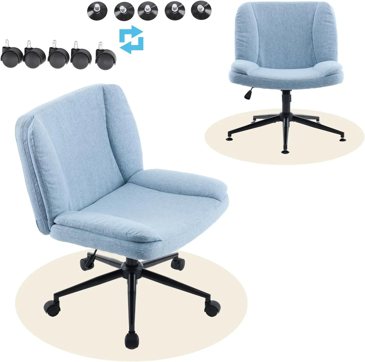 VINGLI Criss Cross Thick Padded Armless Comfy Desk Chair with Dual-Purpose Base,Adjustable Swivel Modern Vanity Chair,Rolling for Home Office, Computer,Task,Makeup,Linen Fabric,Cerulean Mist Blue