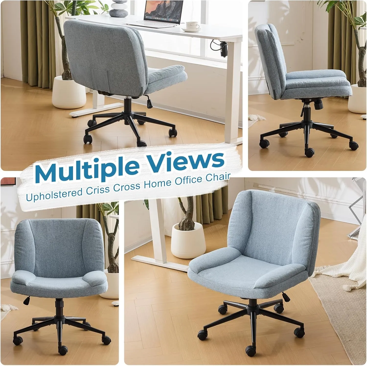 VINGLI Criss Cross Thick Padded Armless Comfy Desk Chair with Dual-Purpose Base,Adjustable Swivel Modern Vanity Chair,Rolling for Home Office, Computer,Task,Makeup,Linen Fabric,Cerulean Mist Blue