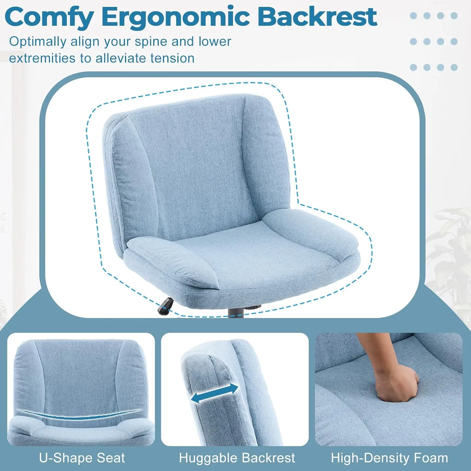 VINGLI Criss Cross Thick Padded Armless Comfy Desk Chair with Dual-Purpose Base,Adjustable Swivel Modern Vanity Chair,Rolling for Home Office, Computer,Task,Makeup,Linen Fabric,Cerulean Mist Blue