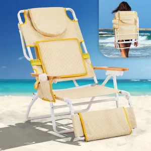 VINGLI Deluxe 3 in 1 Beach Chair, Tanning Chair with Face Hole, Portable Reclining Lounge with Foot Rest, Cup Holder and Storage Bag，Beach Lounge for Outdoor-Green