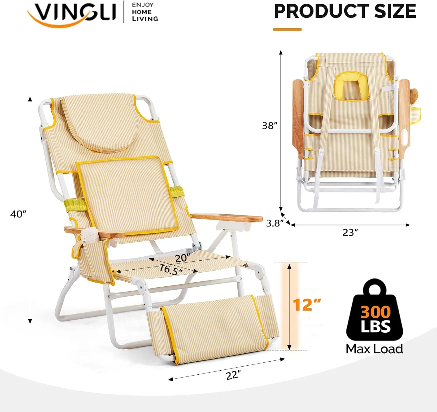 VINGLI Deluxe 3 in 1 Beach Chair, Tanning Chair with Face Hole, Portable Reclining Lounge with Foot Rest, Cup Holder and Storage Bag，Beach Lounge for Outdoor-Green