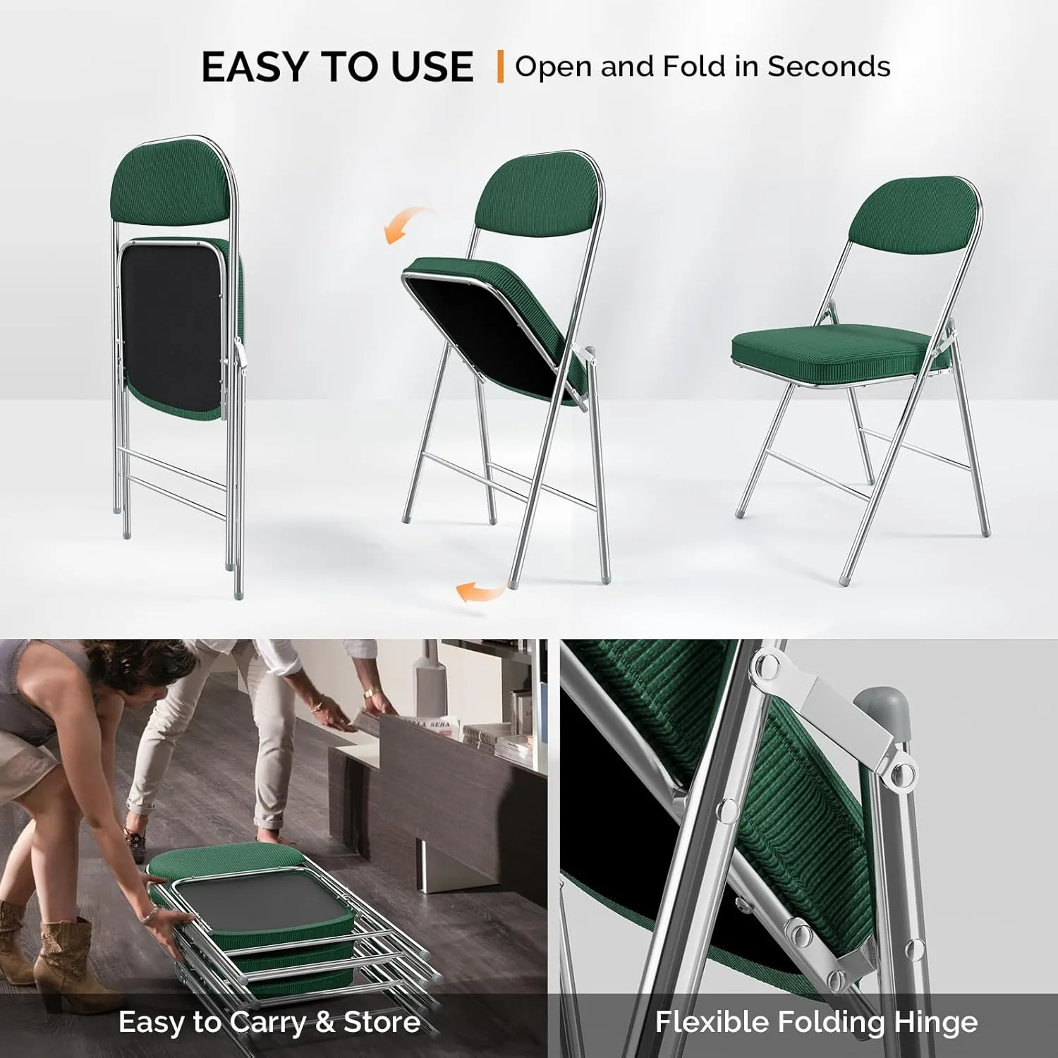 VINGLI Folding Chairs with Padded Seat & Backrest, Metal Frame, Durable Corduroy Fabric, 350 lbs Capacity, Set of 6, Olive Green – Ideal for Weddings, Parties, Office Events