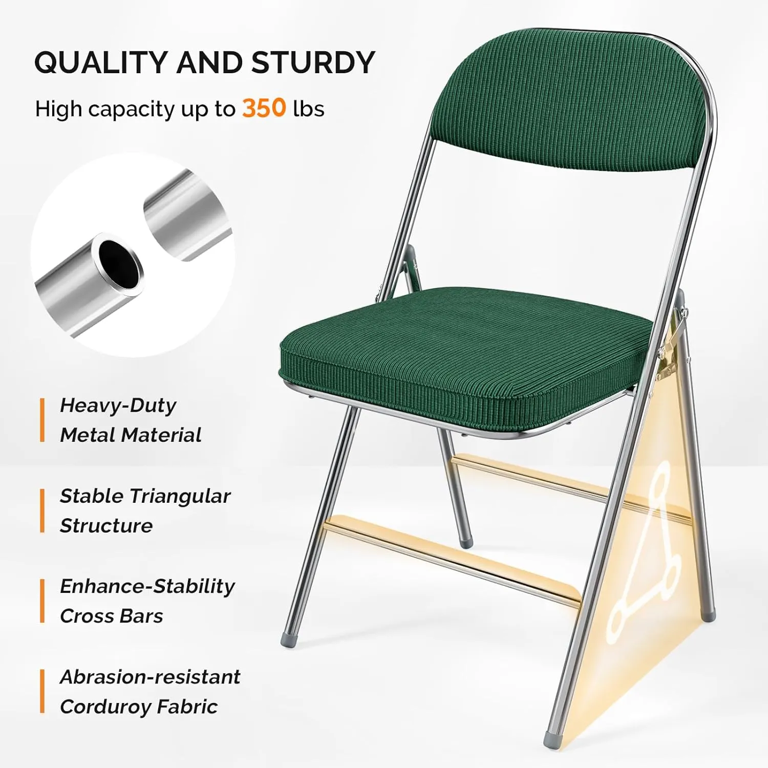 VINGLI Folding Chairs with Padded Seat & Backrest, Metal Frame, Durable Corduroy Fabric, 350 lbs Capacity, Set of 6, Olive Green – Ideal for Weddings, Parties, Office Events