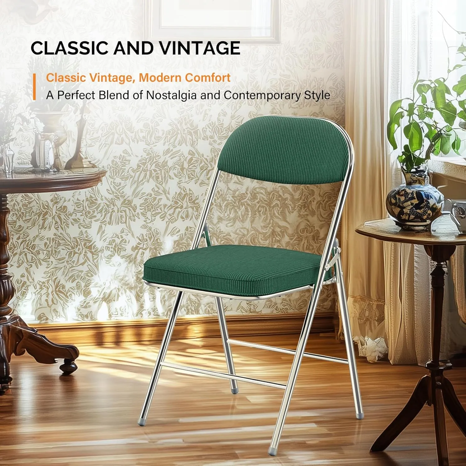 VINGLI Folding Chairs with Padded Seat & Backrest, Metal Frame, Durable Corduroy Fabric, 350 lbs Capacity, Set of 6, Olive Green – Ideal for Weddings, Parties, Office Events
