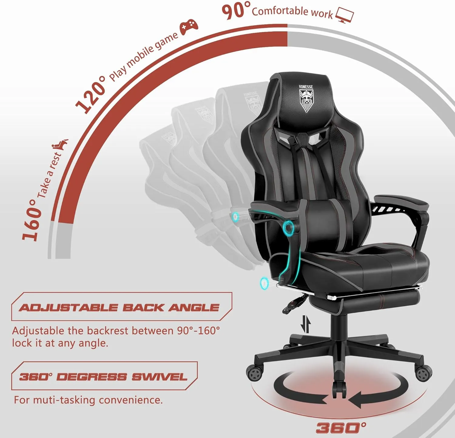 Vonesse Gaming Chair for Adults Gaming Chairs with Footrest Reclining Computer Gaming Chair for Heavy People Gamer Chair Big and Tall Ergonomic Racing Chair with Lumbar Pillow(Gray/Black)