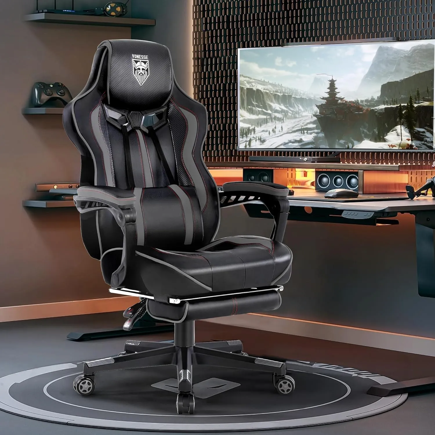 Vonesse Gaming Chair for Adults Gaming Chairs with Footrest Reclining Computer Gaming Chair for Heavy People Gamer Chair Big and Tall Ergonomic Racing Chair with Lumbar Pillow(Gray/Black)