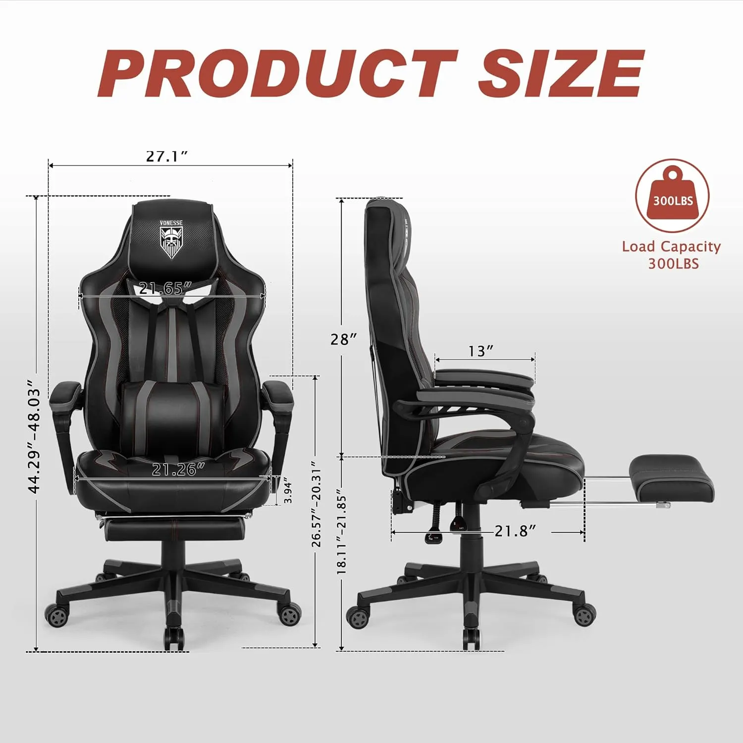 Vonesse Gaming Chair for Adults Gaming Chairs with Footrest Reclining Computer Gaming Chair for Heavy People Gamer Chair Big and Tall Ergonomic Racing Chair with Lumbar Pillow(Gray/Black)