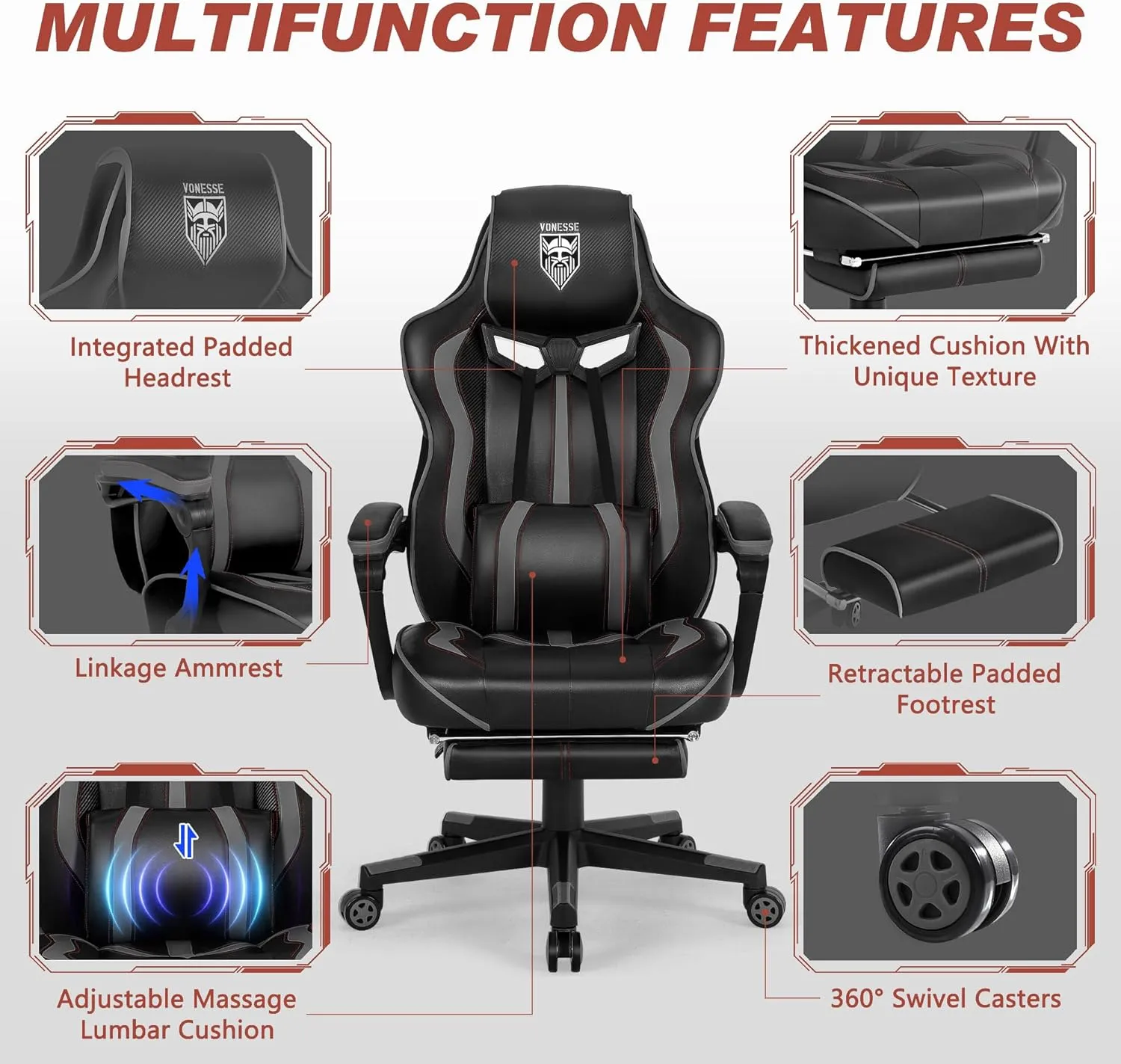 Vonesse Gaming Chair for Adults Gaming Chairs with Footrest Reclining Computer Gaming Chair for Heavy People Gamer Chair Big and Tall Ergonomic Racing Chair with Lumbar Pillow(Gray/Black)